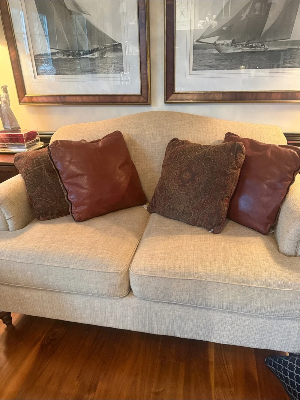 Ralph inspired leather backed with a brown/navy/0live green pillows. Set of 4